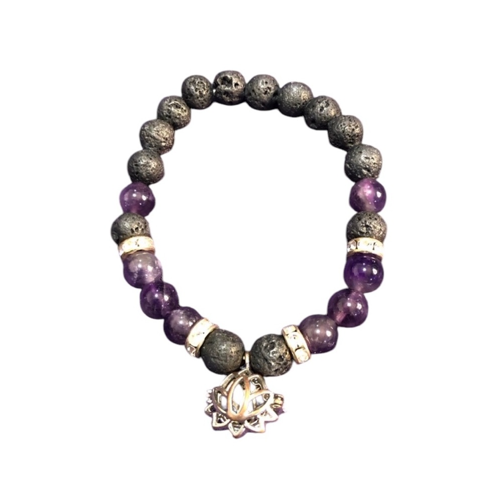 Lava Stone Amethyst Beaded Stretchy Bracelet with Charm Unisex